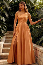 Jacqueline Bronze Satin A-line One Shoulder Maxi Dress