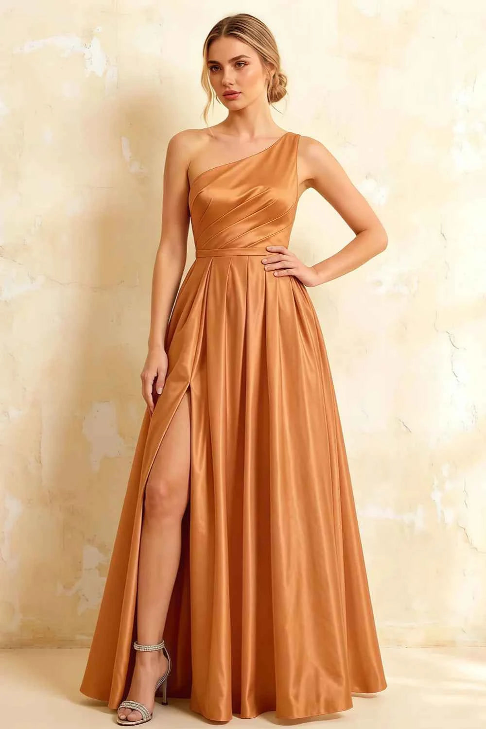 Jacqueline Bronze Satin A-line One Shoulder Maxi Dress
