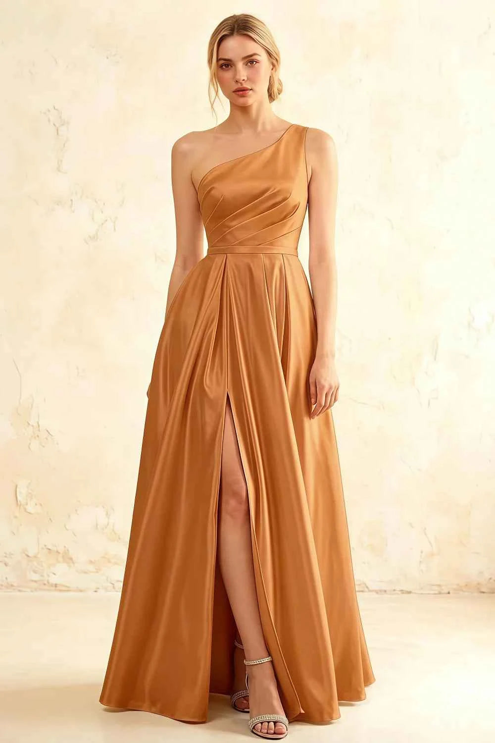 Jacqueline Bronze Satin A-line One Shoulder Maxi Dress