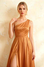 Jacqueline Bronze Satin A-line One Shoulder Maxi Dress