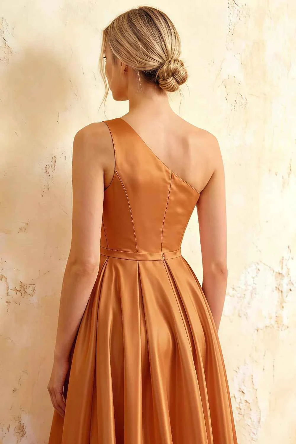 Jacqueline Bronze Satin A-line One Shoulder Maxi Dress