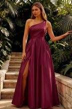 Jacqueline Burgundy Satin A-line One Shoulder Maxi Dress