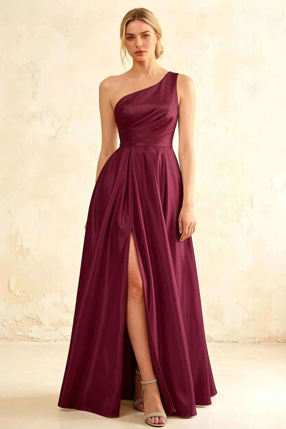 Jacqueline Burgundy Satin A-line One Shoulder Maxi Dress