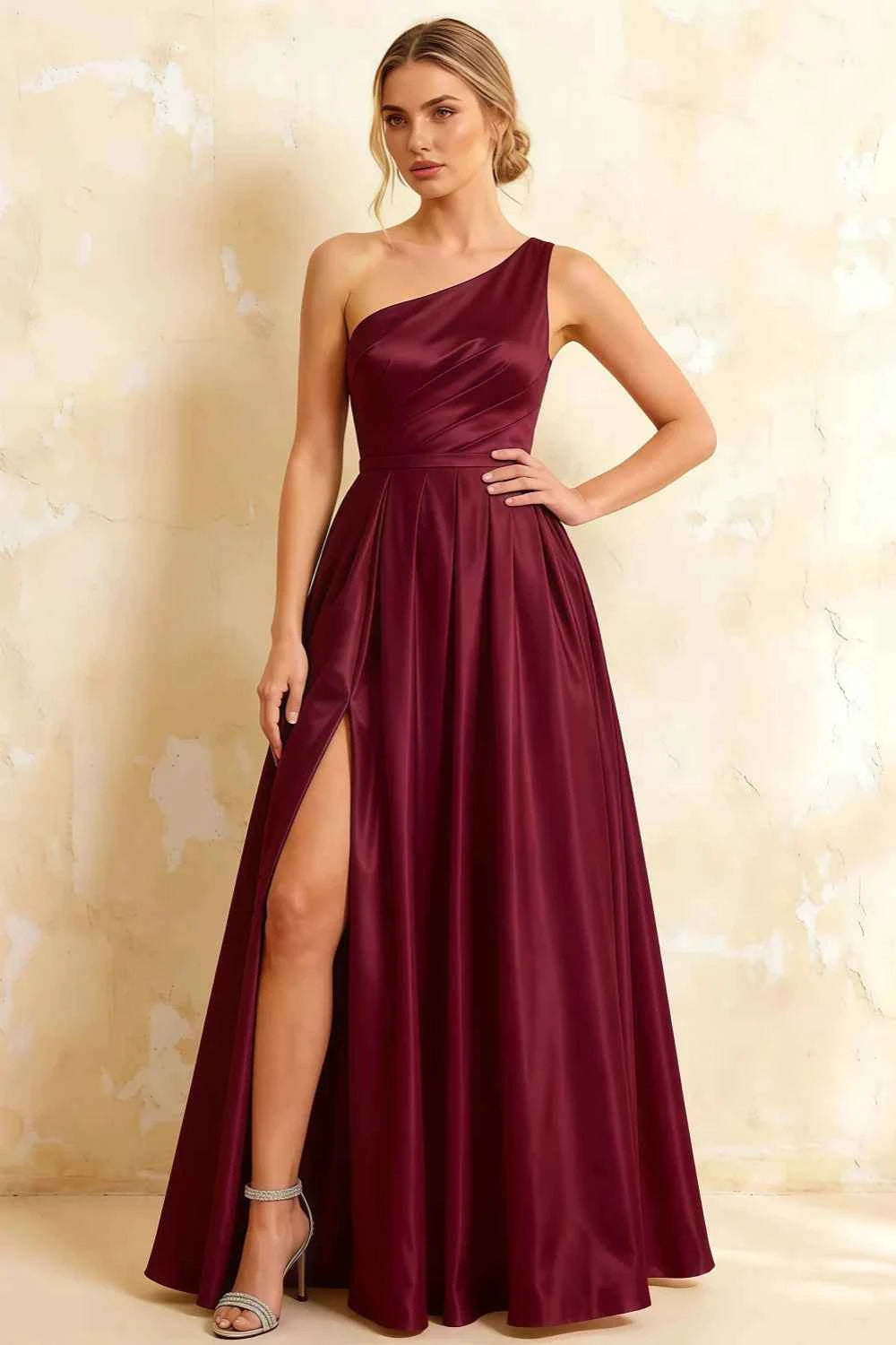 Jacqueline Burgundy Satin A-line One Shoulder Maxi Dress