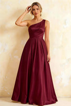 Jacqueline Burgundy Satin A-line One Shoulder Maxi Dress