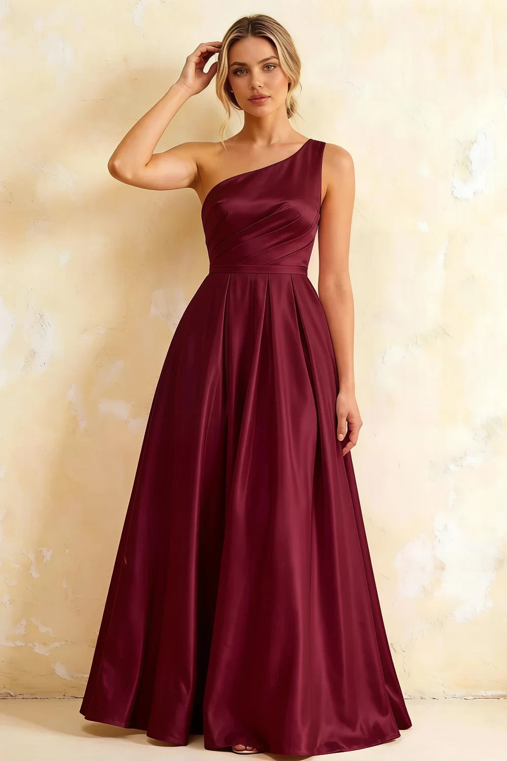Jacqueline Burgundy Satin A-line One Shoulder Maxi Dress