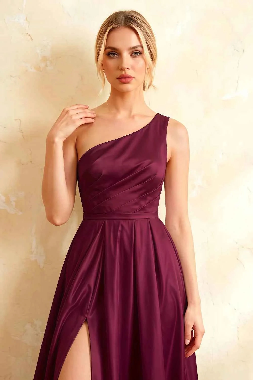 Jacqueline Burgundy Satin A-line One Shoulder Maxi Dress
