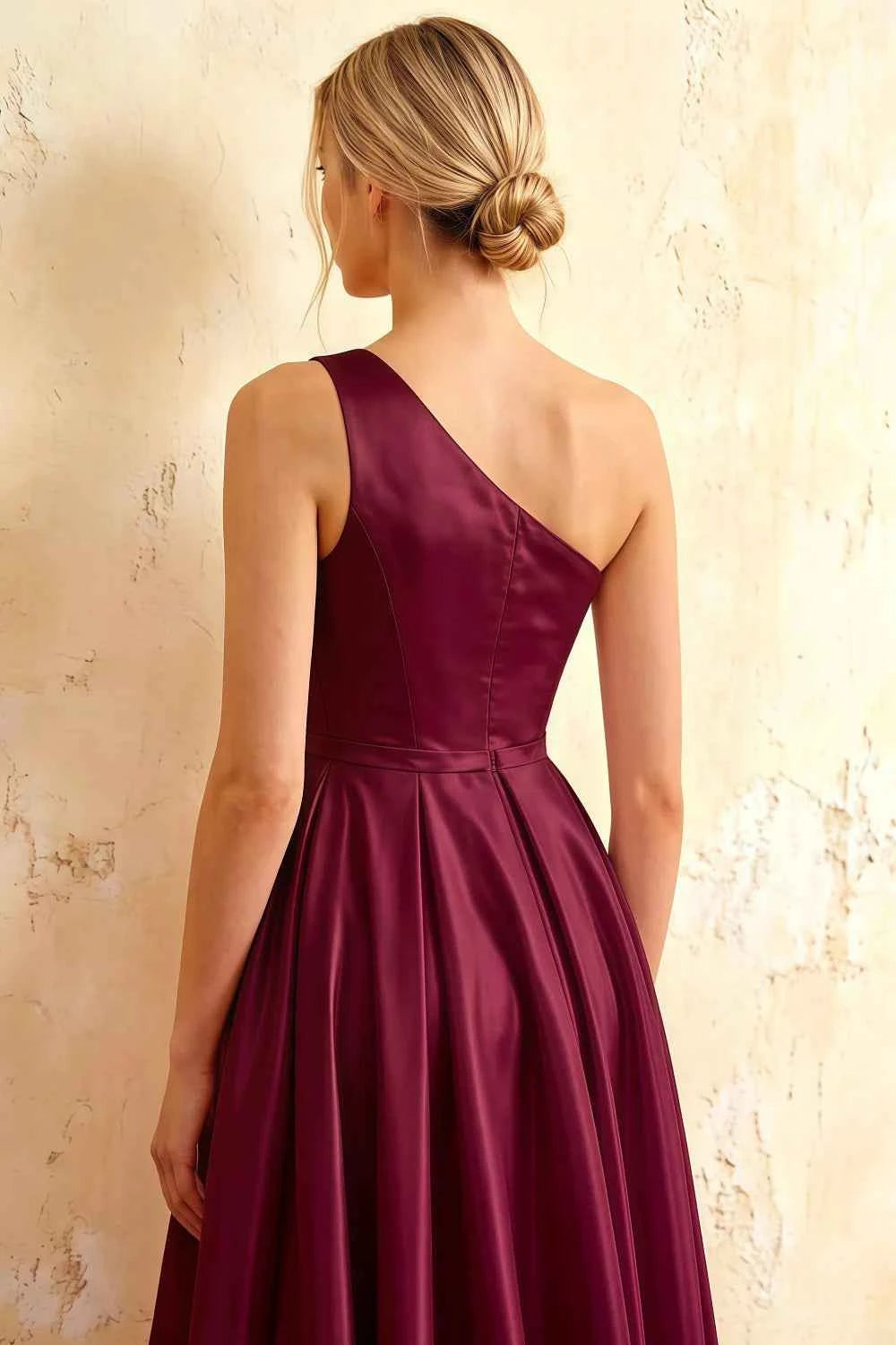 Jacqueline Burgundy Satin A-line One Shoulder Maxi Dress