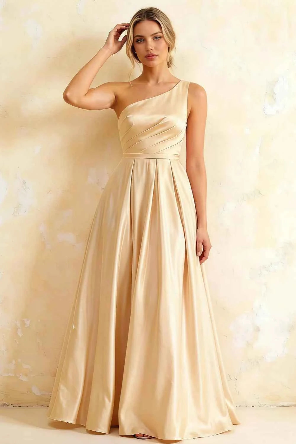 Jacqueline Champagne Satin A-line One Shoulder Maxi Dress