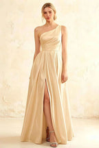 Jacqueline Champagne Satin A-line One Shoulder Maxi Dress