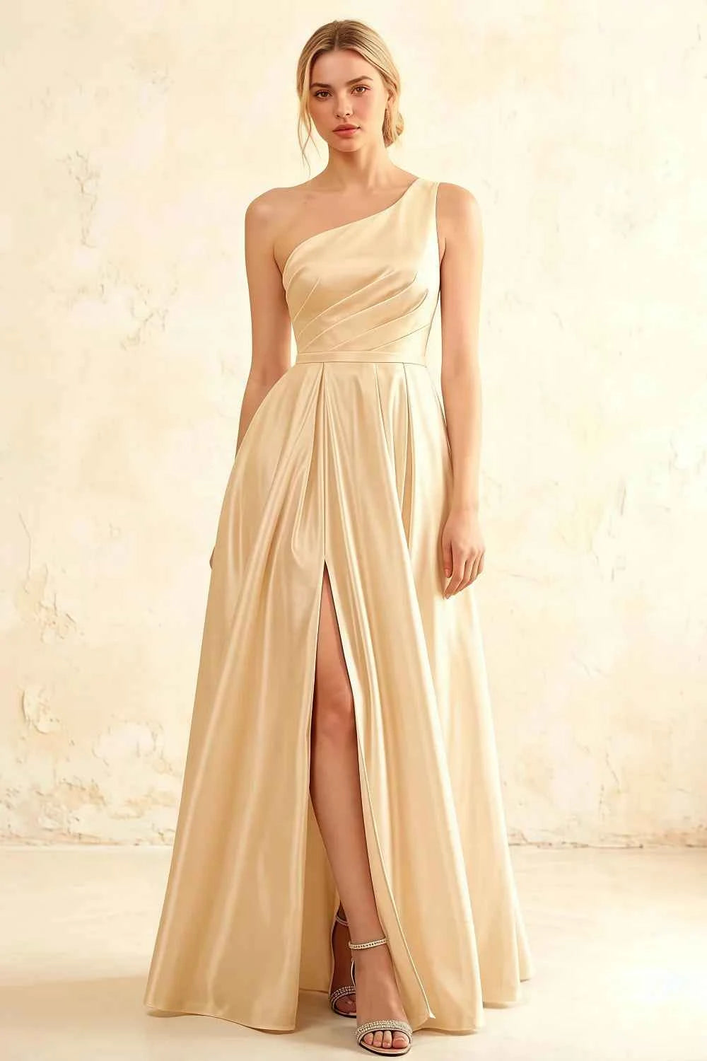 Jacqueline Champagne Satin A-line One Shoulder Maxi Dress