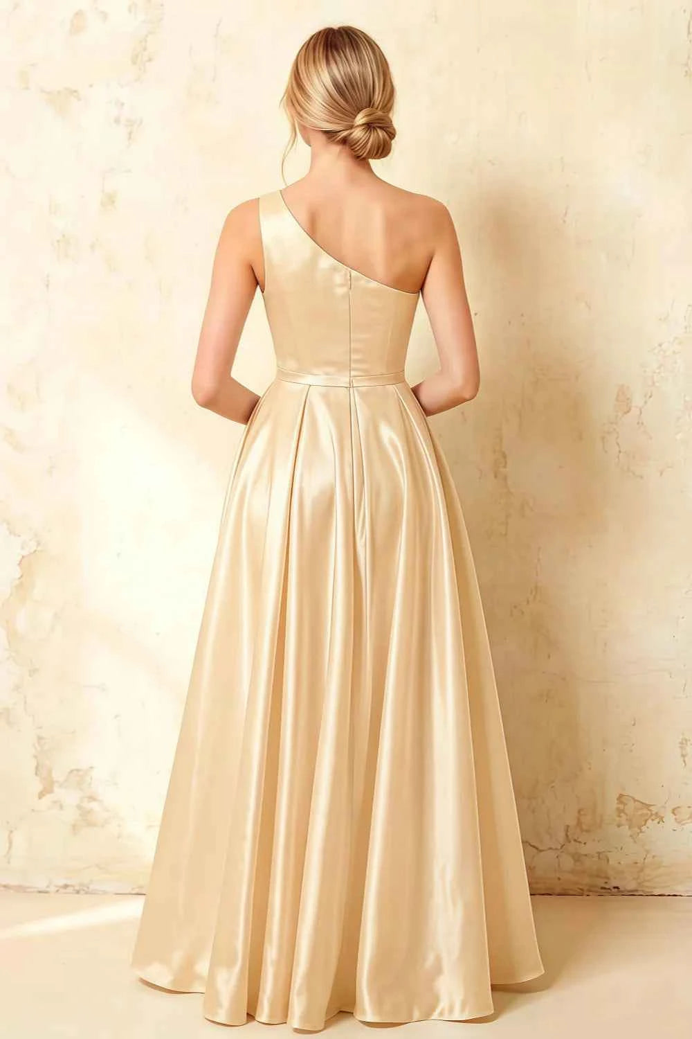 Jacqueline Champagne Satin A-line One Shoulder Maxi Dress