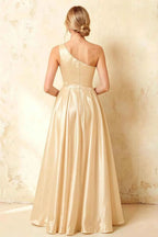 Jacqueline Champagne Satin A-line One Shoulder Maxi Dress