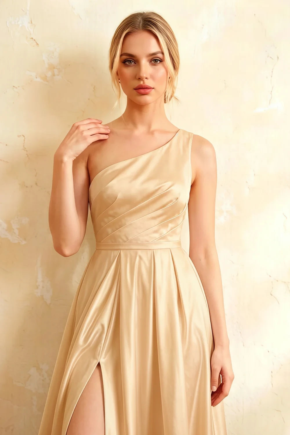 Jacqueline Champagne Satin A-line One Shoulder Maxi Dress
