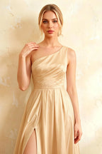 Jacqueline Champagne Satin A-line One Shoulder Maxi Dress