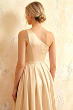 Jacqueline Champagne Satin A-line One Shoulder Maxi Dress