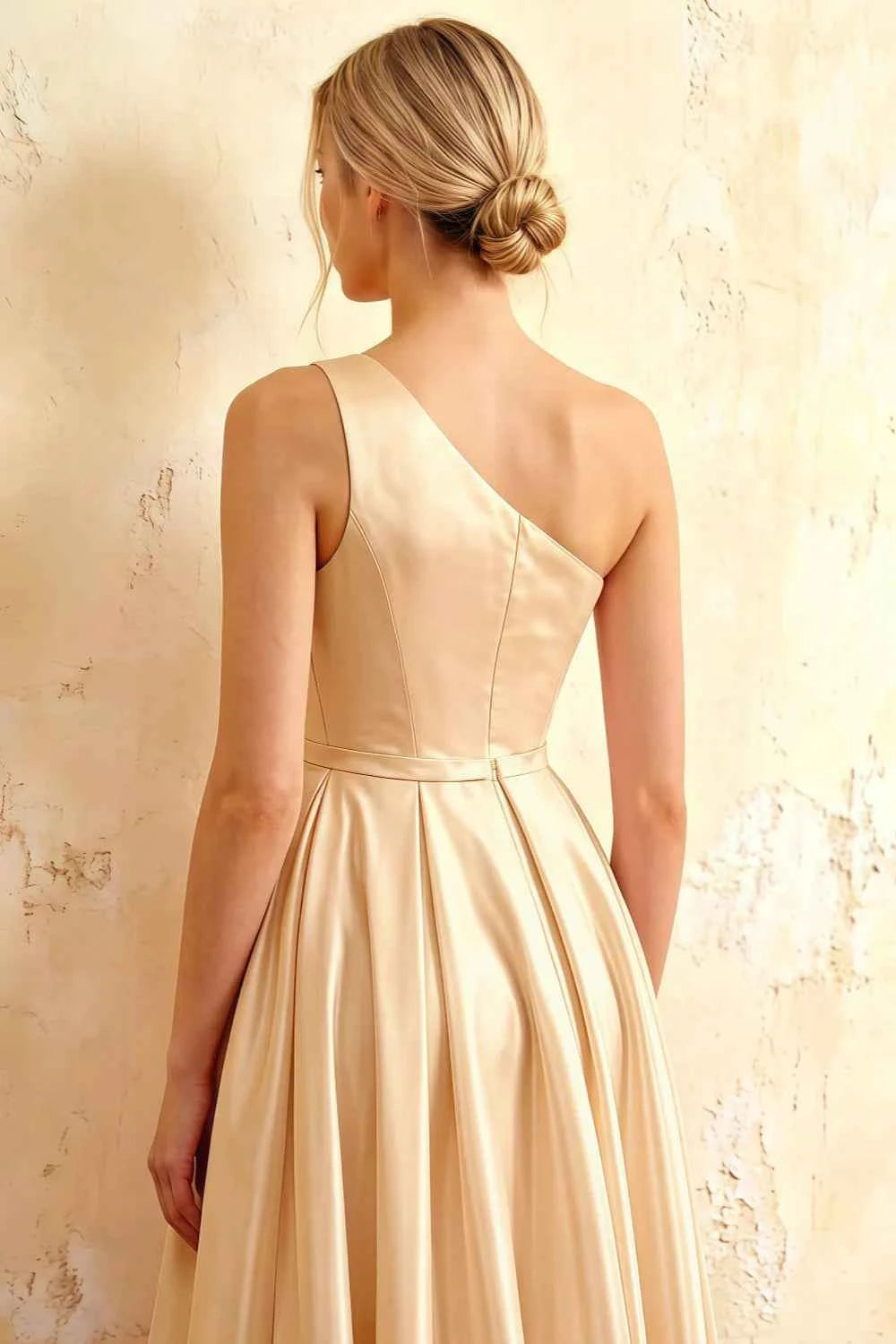 Jacqueline Champagne Satin A-line One Shoulder Maxi Dress