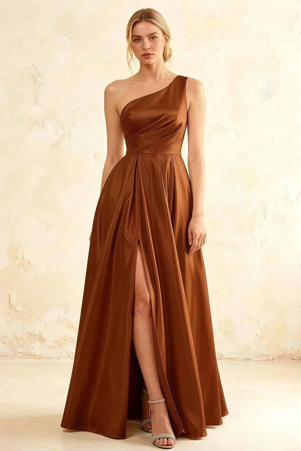 Jacqueline Chocolate Satin A-line One Shoulder Maxi Dress