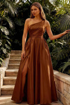 Jacqueline Chocolate Satin A-line One Shoulder Maxi Dress