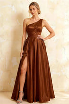 Jacqueline Chocolate Satin A-line One Shoulder Maxi Dress