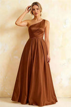 Jacqueline Chocolate Satin A-line One Shoulder Maxi Dress