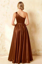 Jacqueline Chocolate Satin A-line One Shoulder Maxi Dress