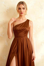 Jacqueline Chocolate Satin A-line One Shoulder Maxi Dress