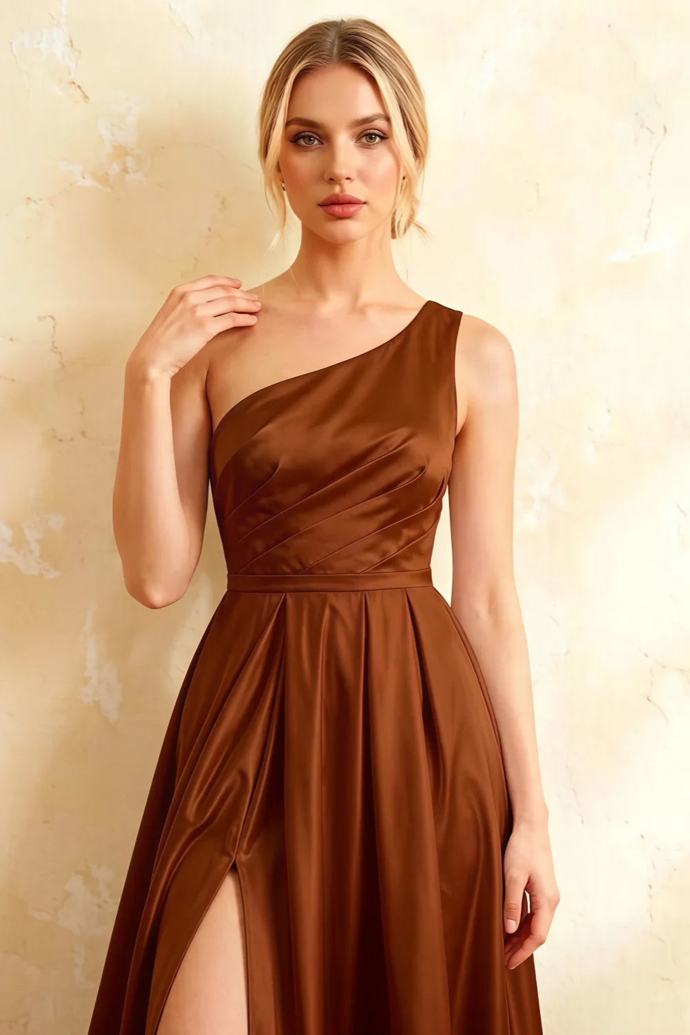 Jacqueline Chocolate Satin A-line One Shoulder Maxi Dress