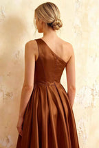 Jacqueline Chocolate Satin A-line One Shoulder Maxi Dress