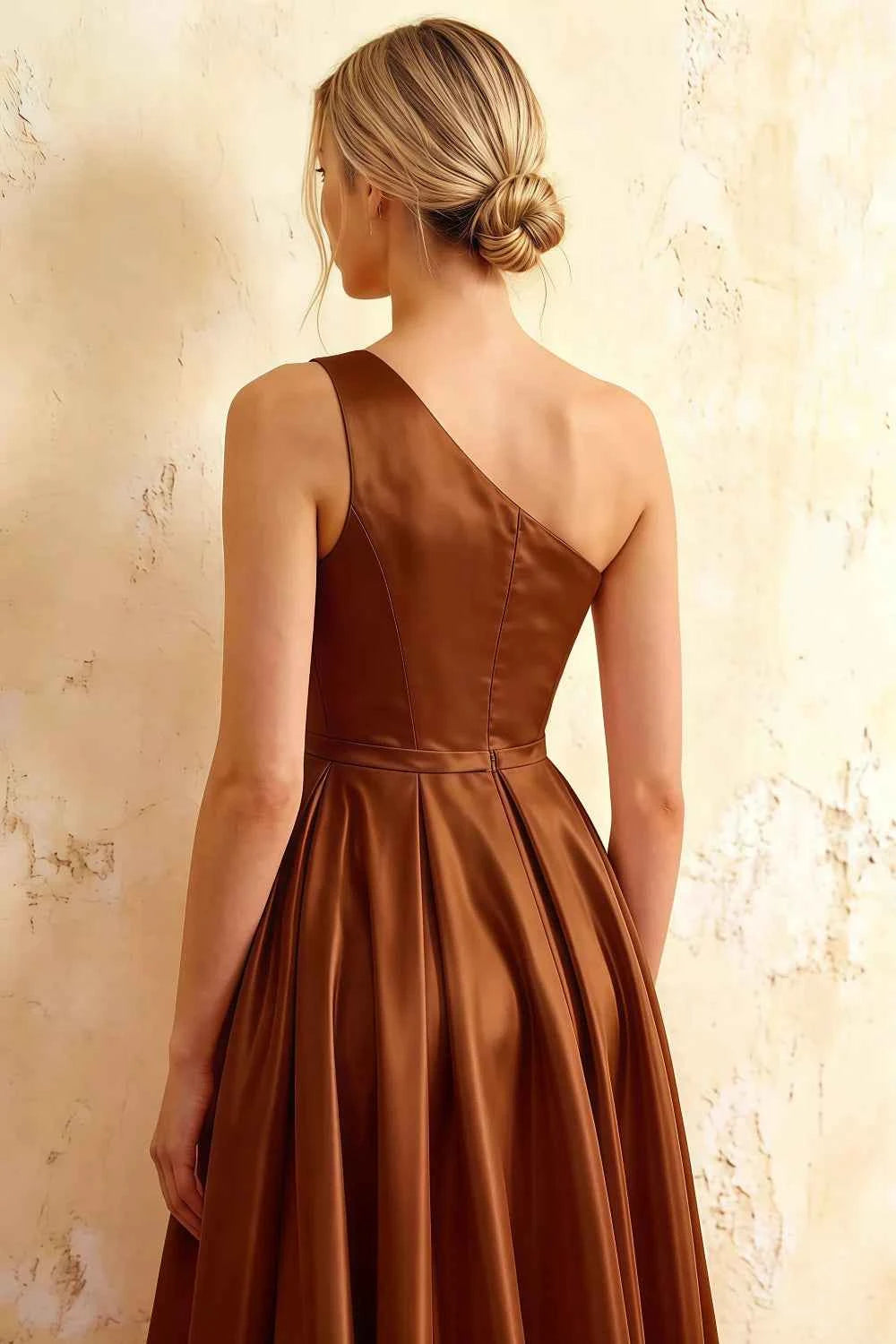 Jacqueline Chocolate Satin A-line One Shoulder Maxi Dress
