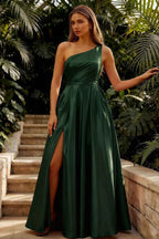 Jacqueline Dark Green Satin A-line One Shoulder Maxi Dress