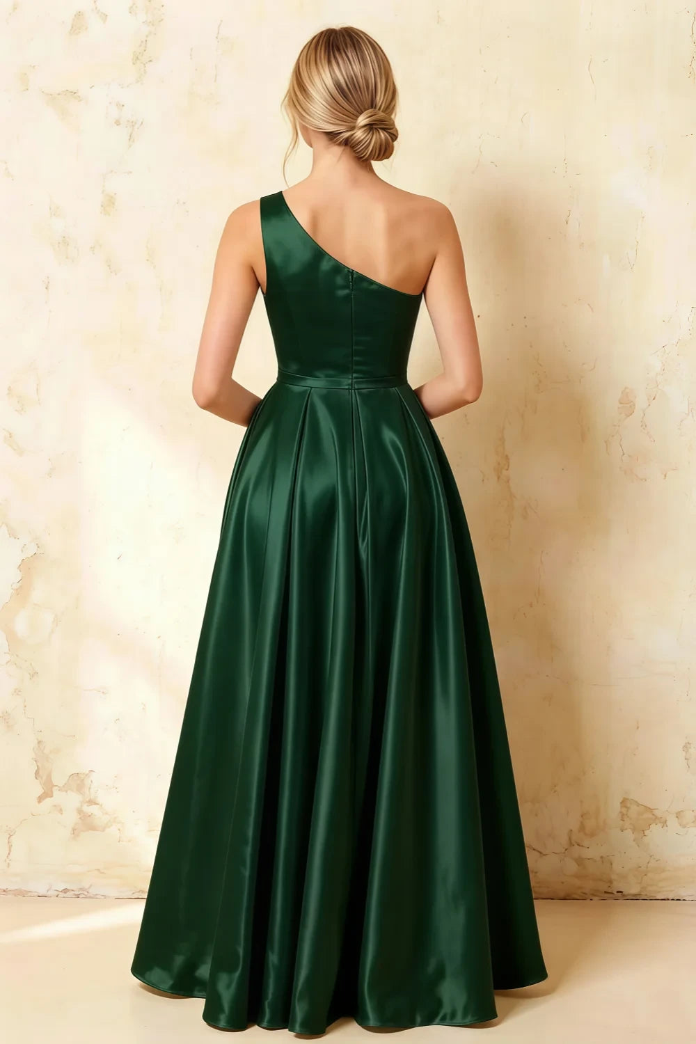 Jacqueline Dark Green Satin A-line One Shoulder Maxi Dress