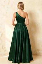 Jacqueline Dark Green Satin A-line One Shoulder Maxi Dress