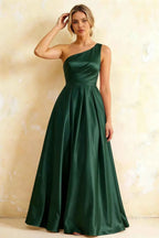 Jacqueline Dark Green Satin A-line One Shoulder Maxi Dress