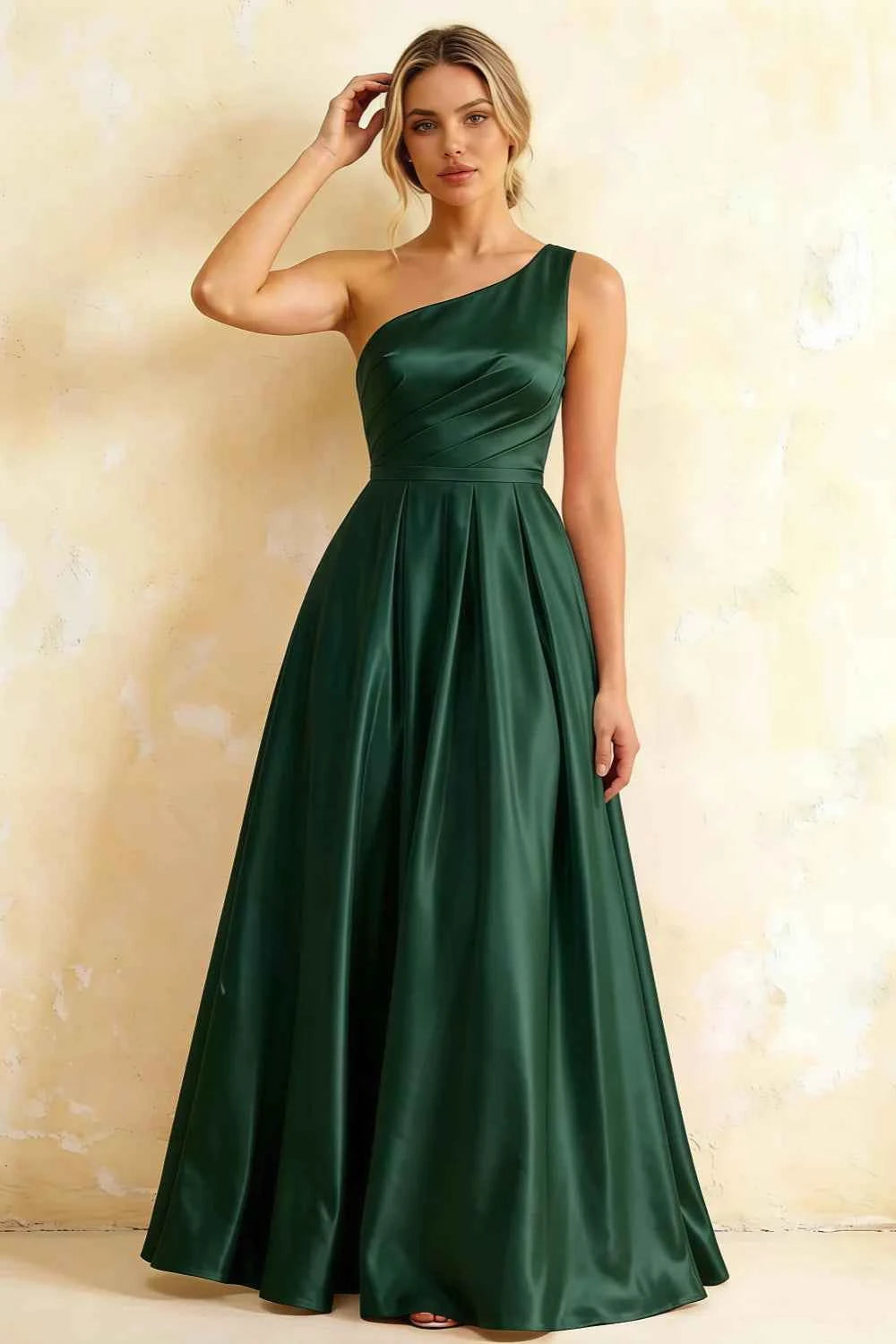 Jacqueline Dark Green Satin A-line One Shoulder Maxi Dress