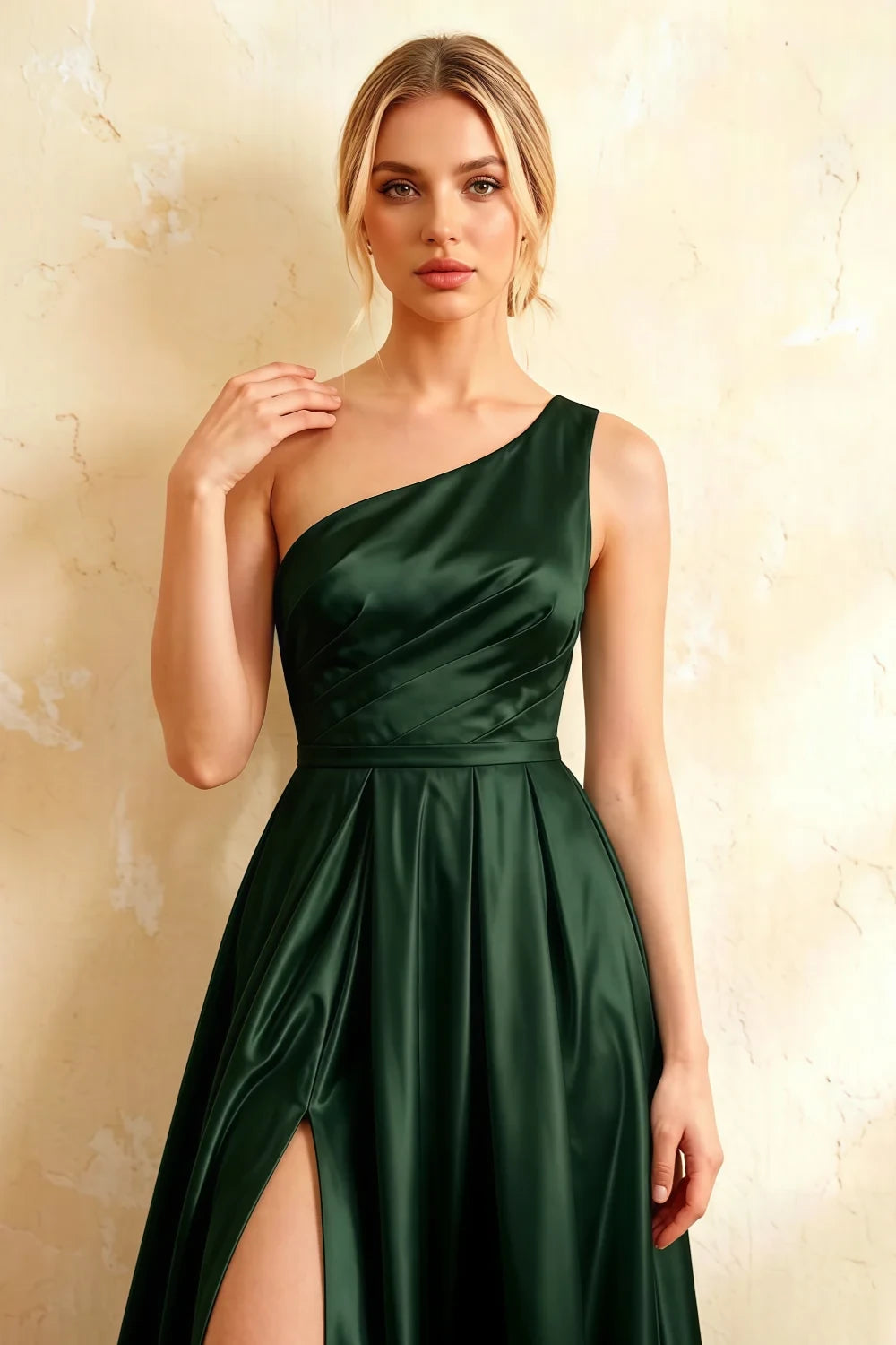 Jacqueline Dark Green Satin A-line One Shoulder Maxi Dress