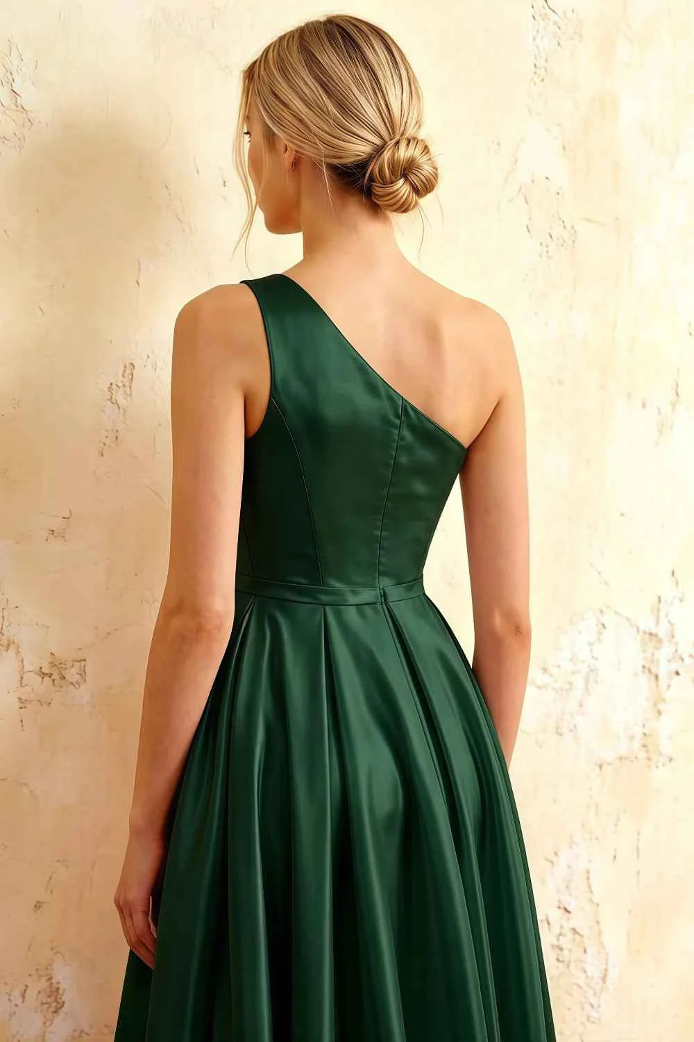 Jacqueline Dark Green Satin A-line One Shoulder Maxi Dress