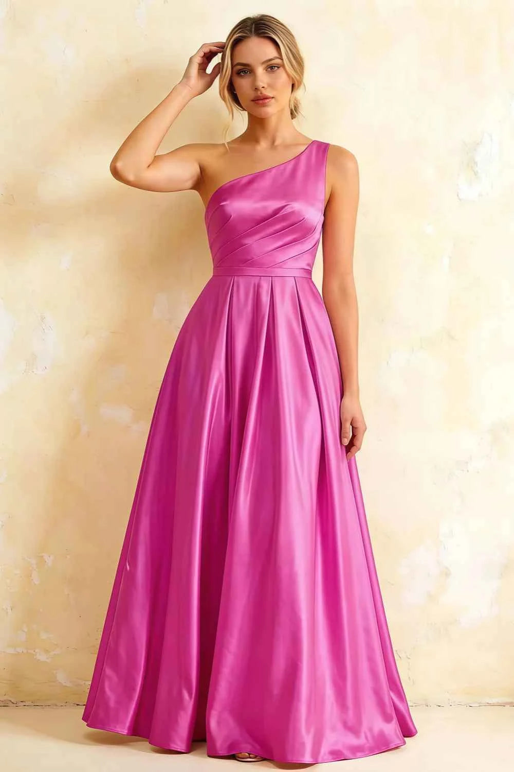 Jacqueline Fuchsia Satin A-line One Shoulder Maxi Dress Imagen principal del producto