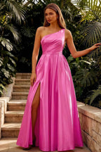 Jacqueline Fuchsia Satin A-line One Shoulder Maxi Dress