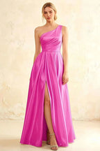 Jacqueline Fuchsia Satin A-line One Shoulder Maxi Dress