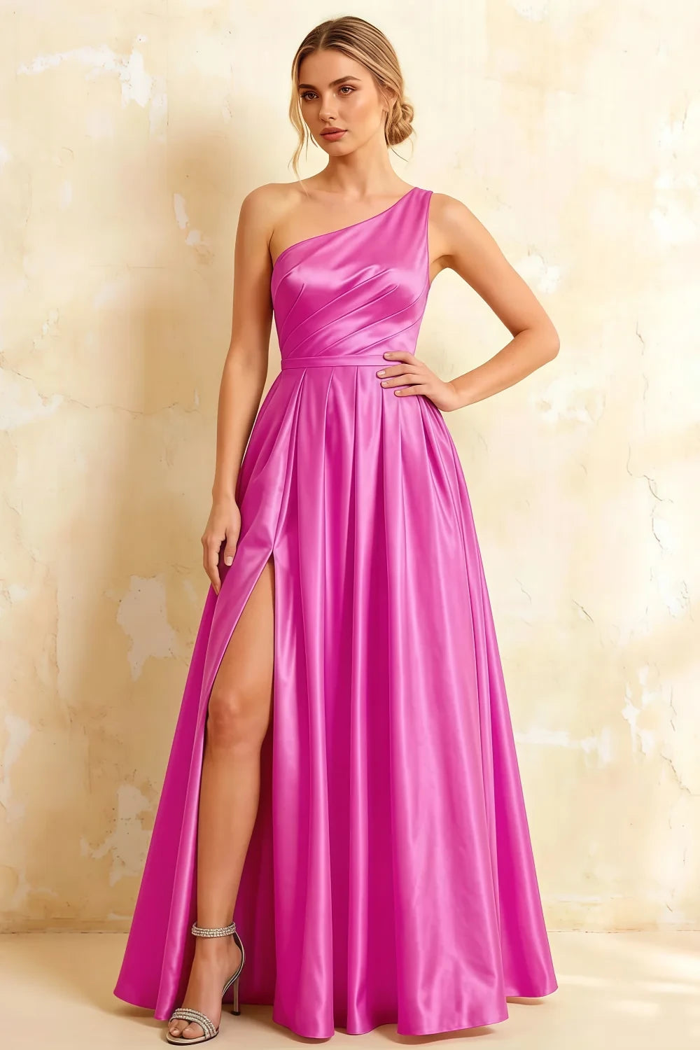 Jacqueline Fuchsia Satin A-line One Shoulder Maxi Dress