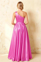 Jacqueline Fuchsia Satin A-line One Shoulder Maxi Dress