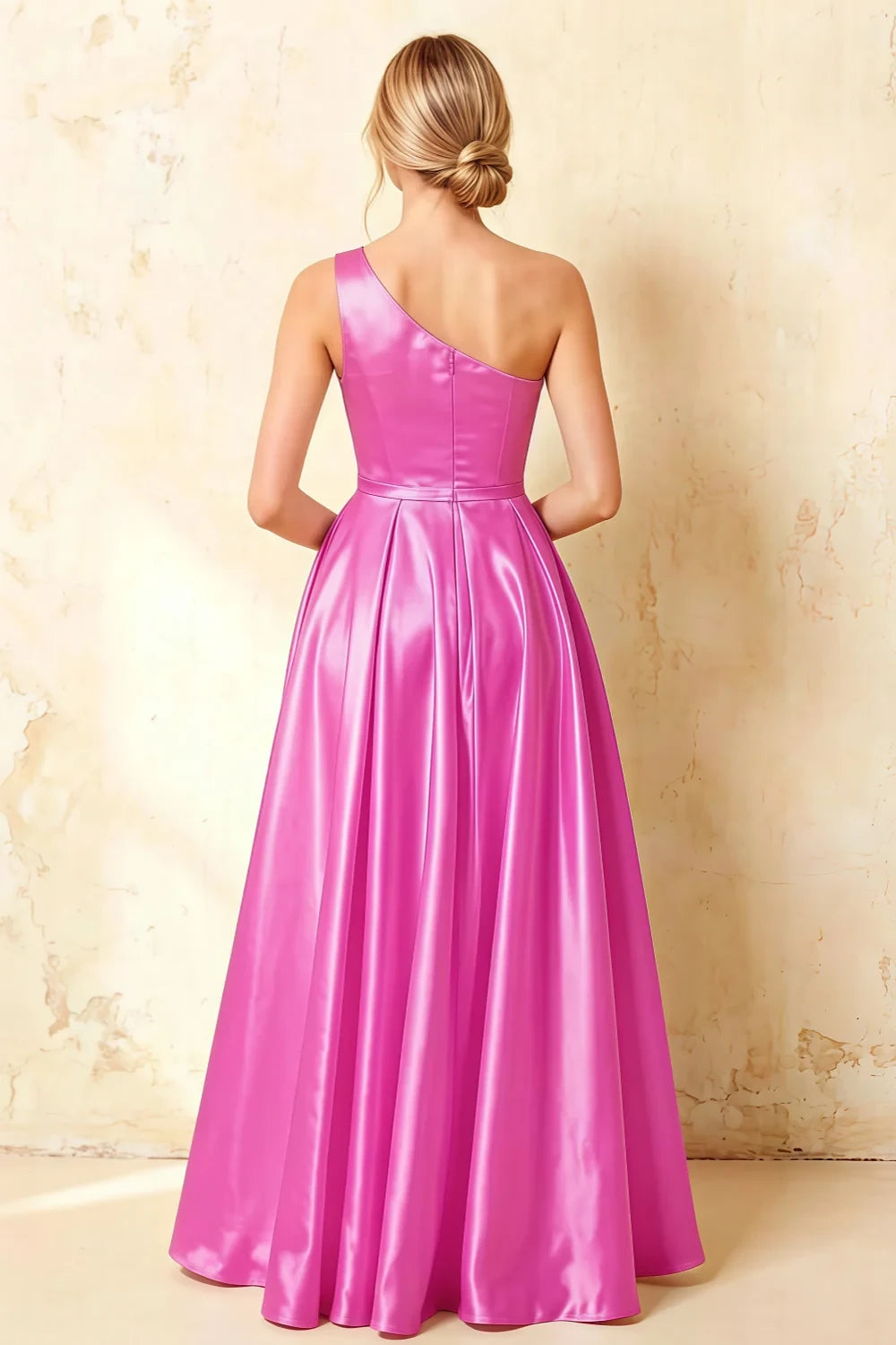 Jacqueline Fuchsia Satin A-line One Shoulder Maxi Dress