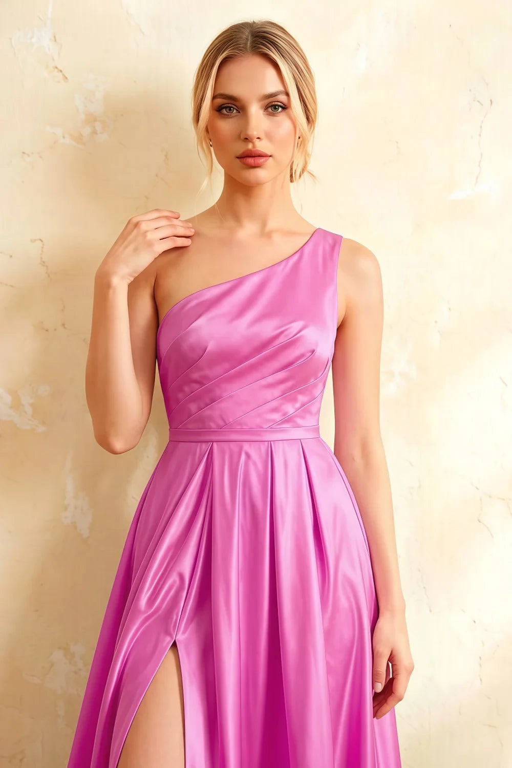 Jacqueline Fuchsia Satin A-line One Shoulder Maxi Dress
