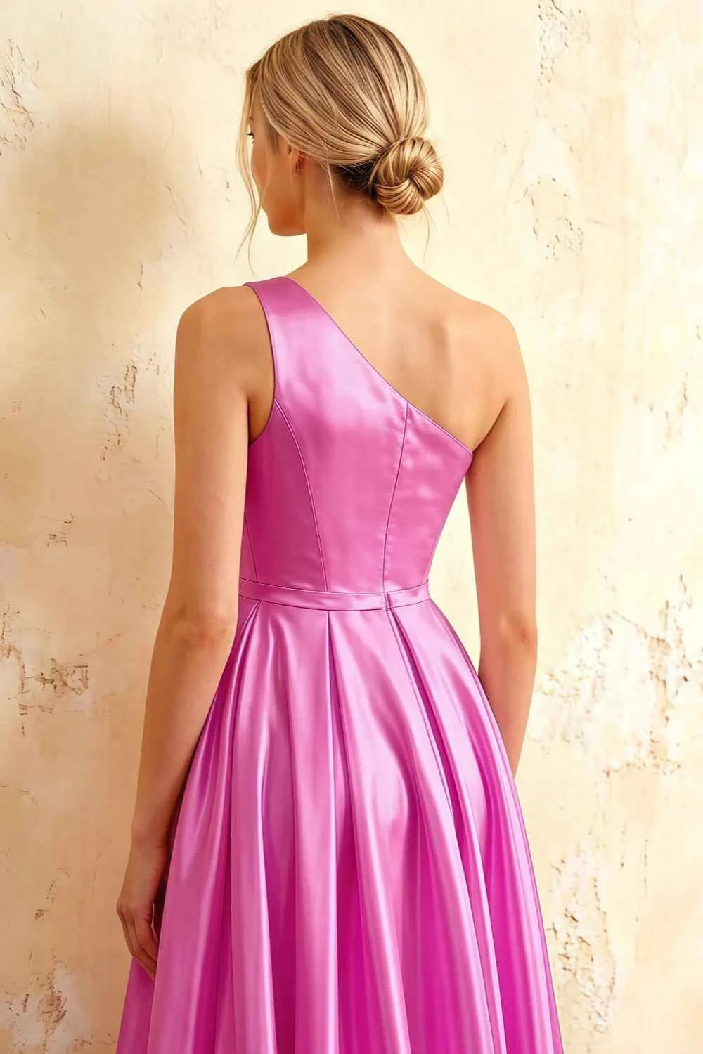 Jacqueline Fuchsia Satin A-line One Shoulder Maxi Dress