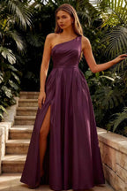 Jacqueline Grape Satin A-line One Shoulder Maxi Dress