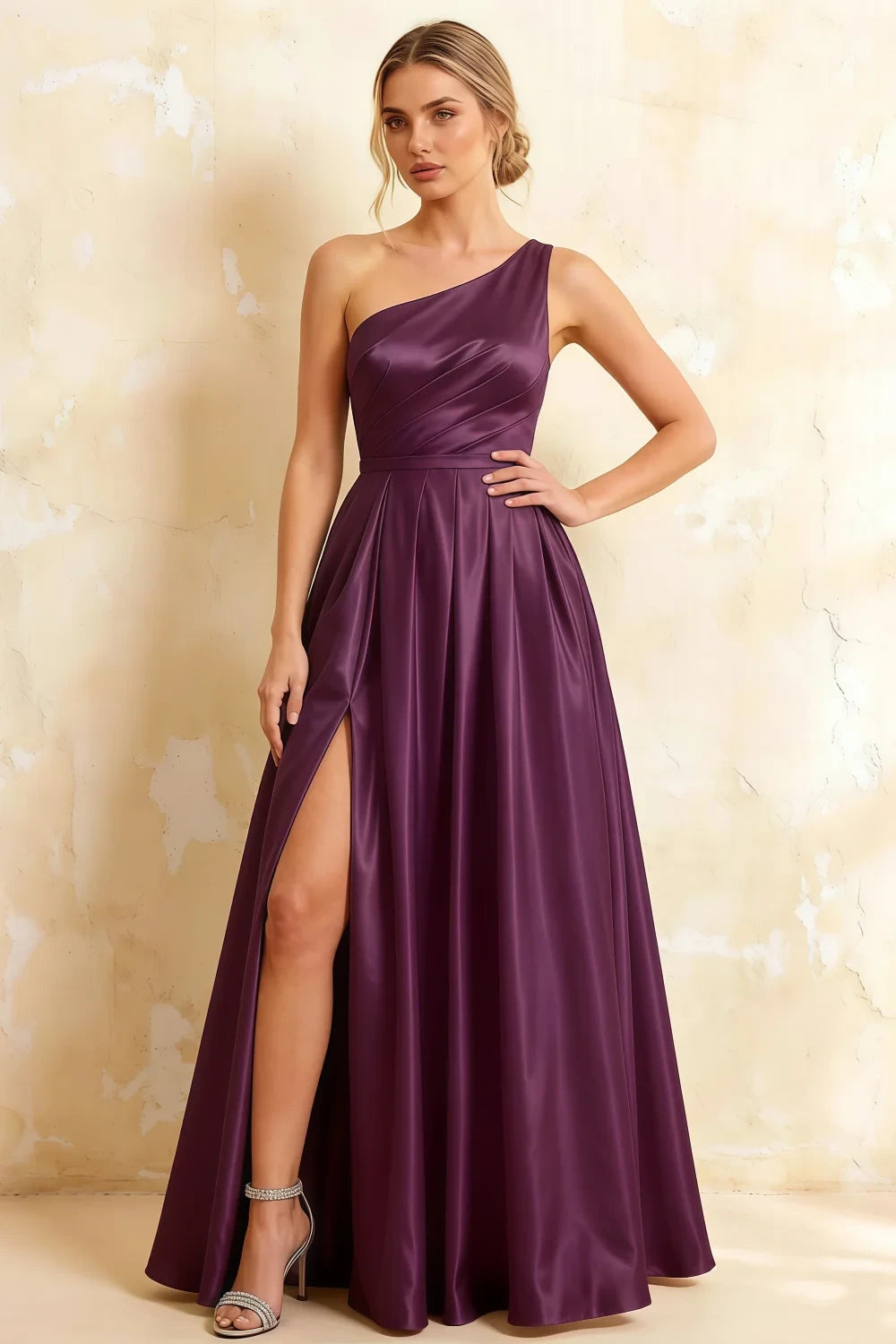 Jacqueline Grape Satin A-line One Shoulder Maxi Dress