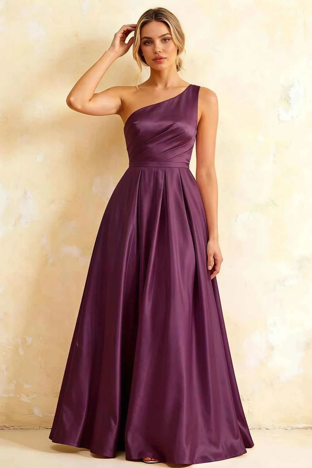 Jacqueline Grape Satin A-line One Shoulder Maxi Dress