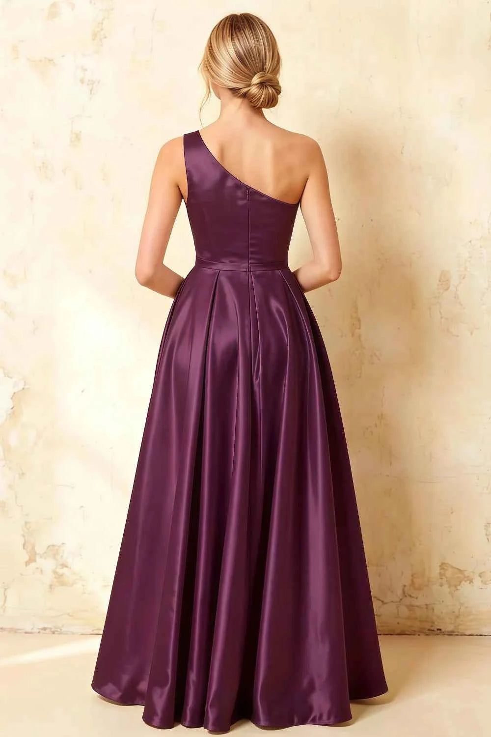 Jacqueline Grape Satin A-line One Shoulder Maxi Dress