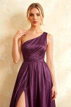 Jacqueline Grape Satin A-line One Shoulder Maxi Dress